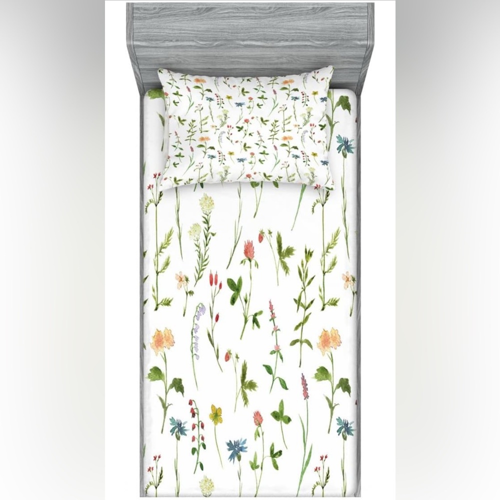 Ambesonne Twin Size Fitted Sheet & Pillowcase Set – Floral – 4 Piece